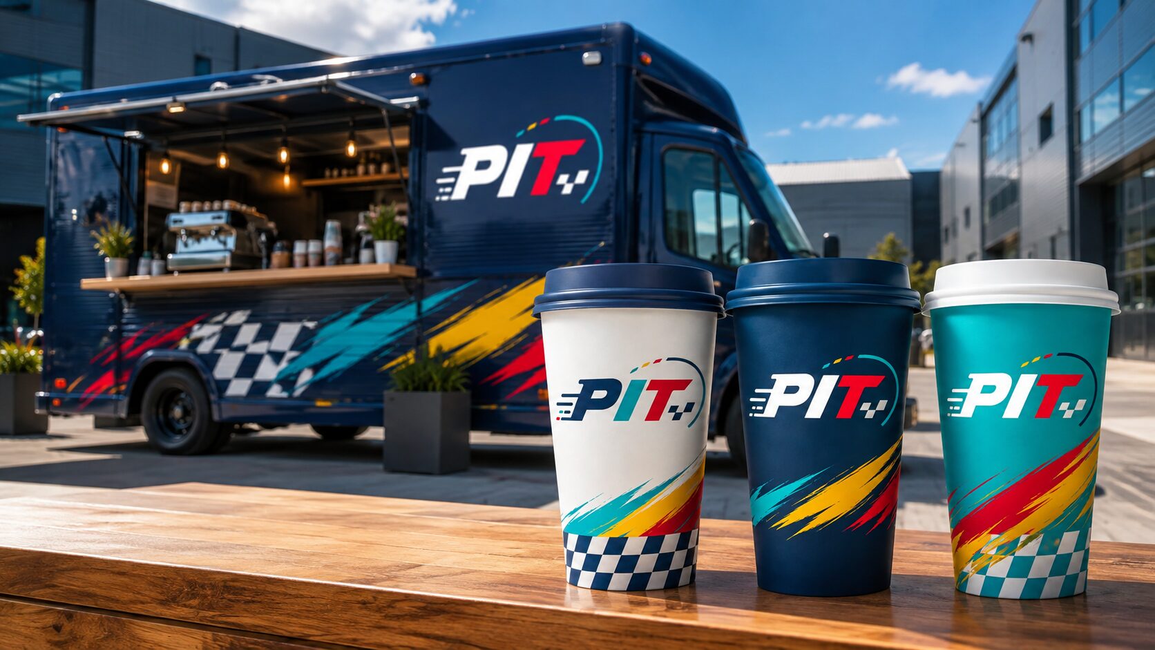 Food Truck PIT Coffee con tres vasos de café al frente
