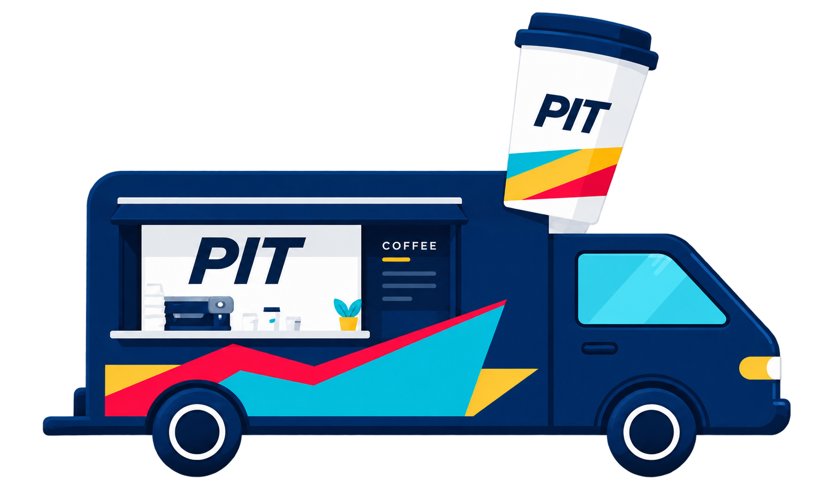 Food Truck PIT Coffee azul con cafetería abierta y un vaso PIT sobre el techo